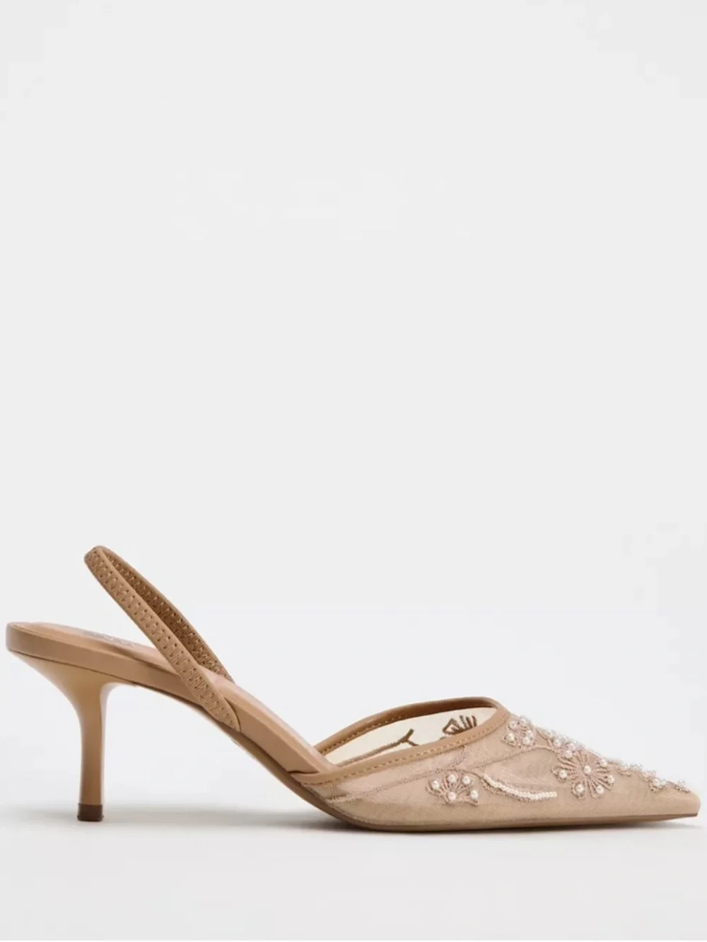Zara tan embroidered & beaded mesh sling-back heels. 10 NWT